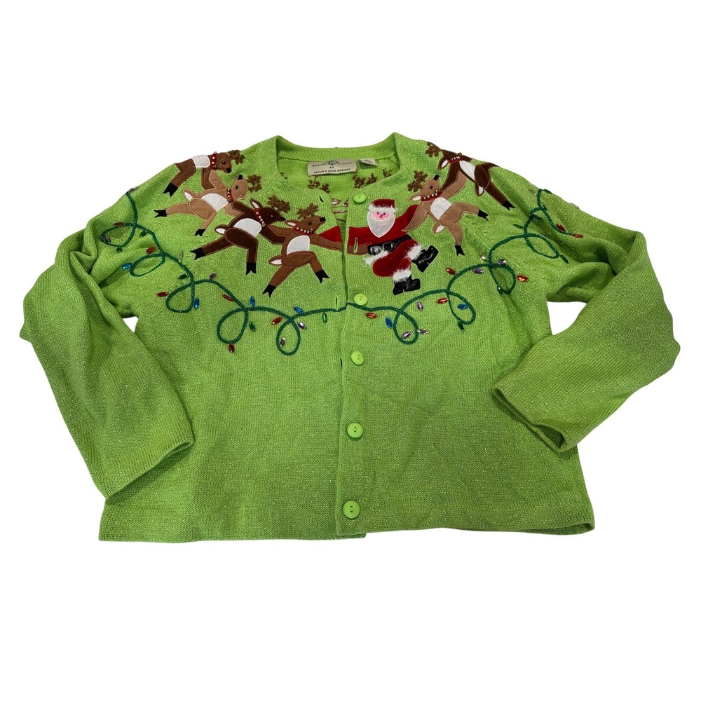 Design Options Philip Gordon Womens Santa Reindeer Christmas Sweater‎ Cardigan L